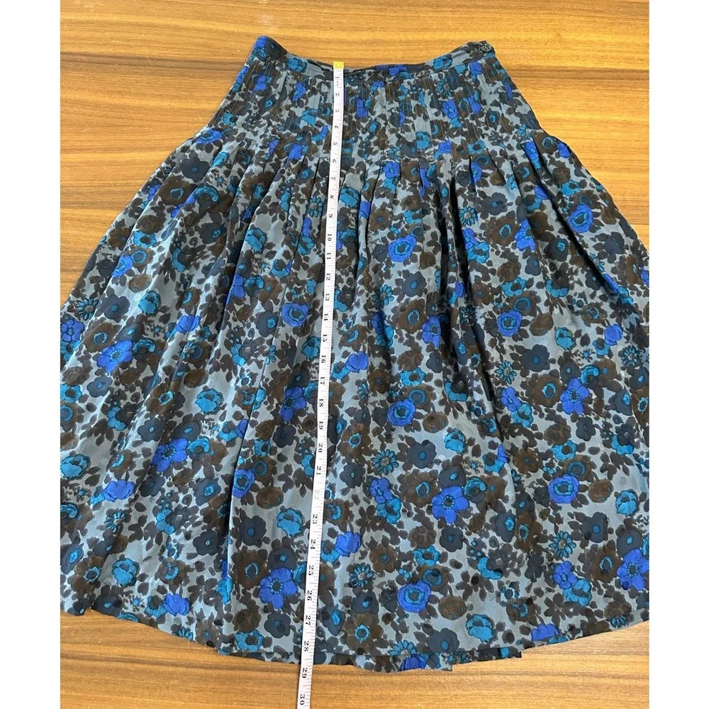 Valentino Miss V Skirt Set 100% Silk Women 8 Blue Brown Floral Pleated Vintage